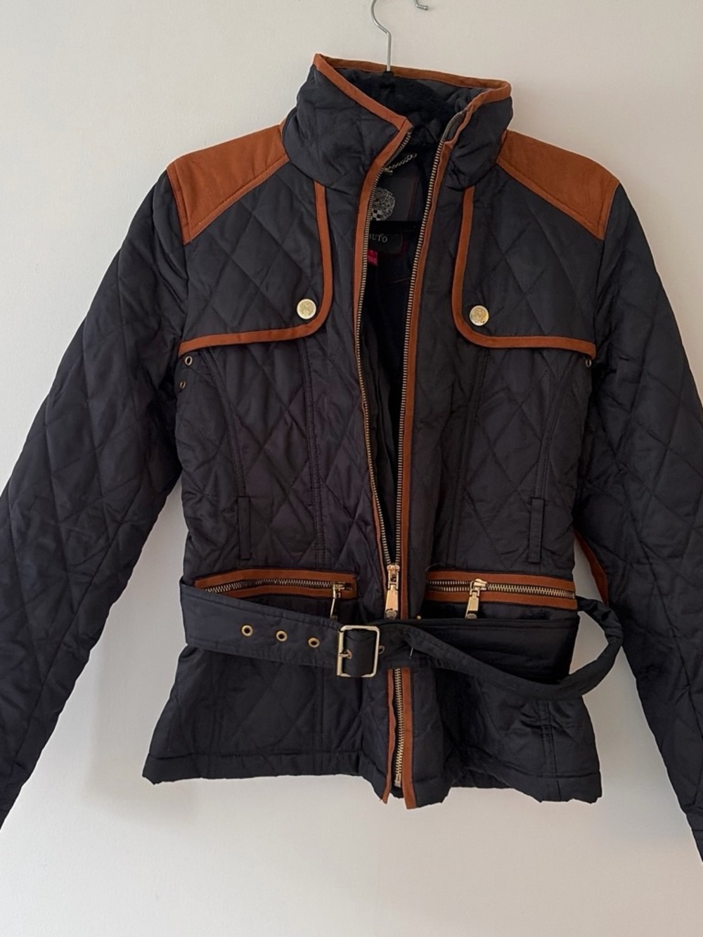 Vince Camuto Black Quilted Utility Jacket with Brown Trim
